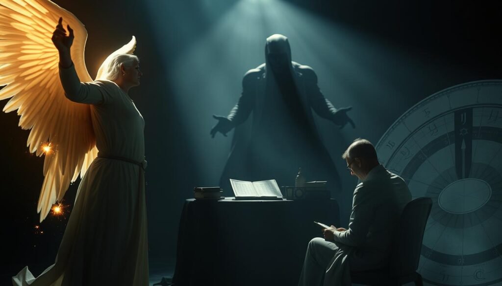 A biblical scene of divine guidance clashing with the occult mysteries of numerology. In the foreground, an angelic figure radiates celestial light, offering spiritual wisdom. In the middle ground, a person is engrossed in numerological calculations, surrounded by mystical symbols and celestial charts. In the background, an ominous shadow looms, hinting at the potential dangers of straying from the path of divine revelation. The lighting is dramatic, with chiaroscuro effects casting deep shadows and highlighting the contrast between the sacred and the profane. The composition is balanced, with the angelic figure and the numerologist forming a visual counterpoint. The overall mood is one of tension and spiritual conflict. A biblical scene of divine guidance clashing with the occult mysteries of numerology. In the foreground, an angelic figure radiates celestial light, offering spiritual wisdom. In the middle ground, a person is engrossed in numerological calculations, surrounded by mystical symbols and celestial charts. In the background, an ominous shadow looms, hinting at the potential dangers of straying from the path of divine revelation. The lighting is dramatic, with chiaroscuro effects casting deep shadows and highlighting the contrast between the sacred and the profane. The composition is balanced, with the angelic figure and the numerologist forming a visual counterpoint. The overall mood is one of tension and spiritual conflict.