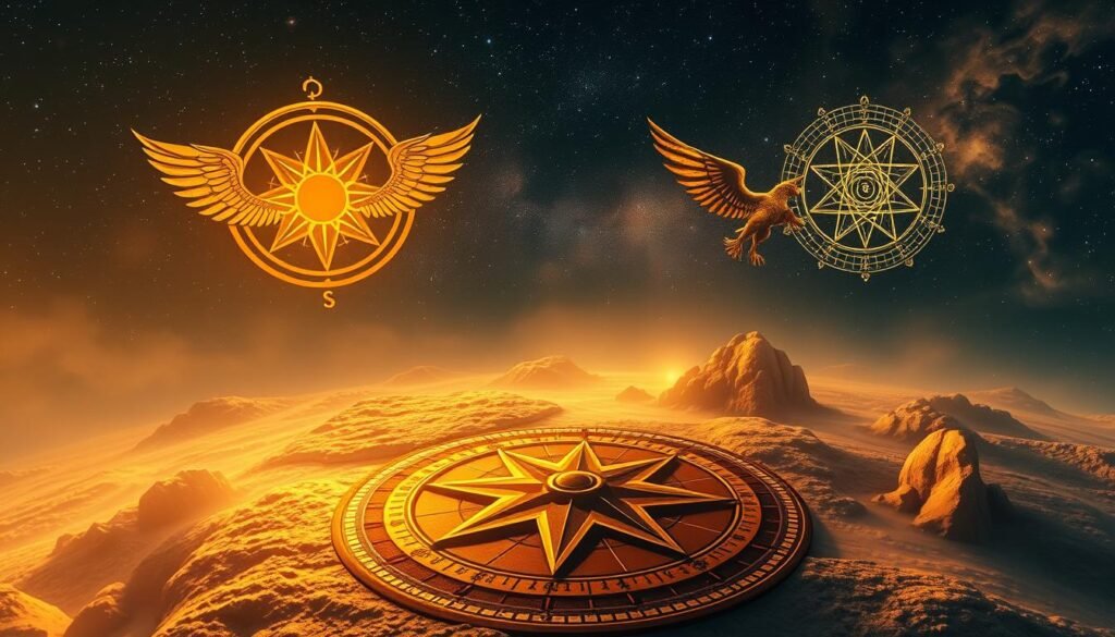 A celestial landscape filled with divine guidance symbols, bathed in a warm, ethereal glow. In the foreground, a radiant compass rose with intricate geometric patterns, emanating a sense of spiritual direction. In the middle ground, ornate angelic sigils and sacred geometry float weightlessly, imbued with mystical energy. The background features a starry, nebula-like expanse, hinting at the vastness of the spiritual realm. The overall atmosphere is one of profound wisdom, transcendent enlightenment, and a deep connection to the divine.