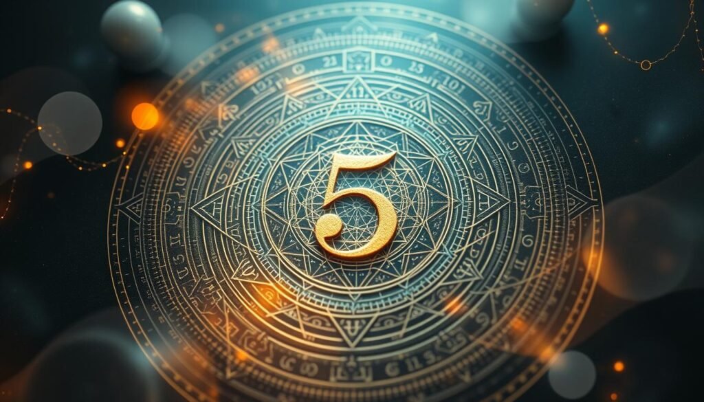 A detailed numerology mandala with the number 5 as the central focus, surrounded by symbolic elements. Ethereal lighting illuminates the intricate geometric patterns, sacred geometry, and mystical iconography representing the significance of the number 5 in numerology. The composition balances warm and cool tones, creating a contemplative, spiritual atmosphere. Delicate lines, textures, and gradients convey the esoteric, metaphysical nature of the subject. The image evokes a sense of balance, curiosity, and the transformative power associated with this numerological archetype. A detailed numerology mandala with the number 5 as the central focus, surrounded by symbolic elements. Ethereal lighting illuminates the intricate geometric patterns, sacred geometry, and mystical iconography representing the significance of the number 5 in numerology. The composition balances warm and cool tones, creating a contemplative, spiritual atmosphere. Delicate lines, textures, and gradients convey the esoteric, metaphysical nature of the subject. The image evokes a sense of balance, curiosity, and the transformative power associated with this numerological archetype.