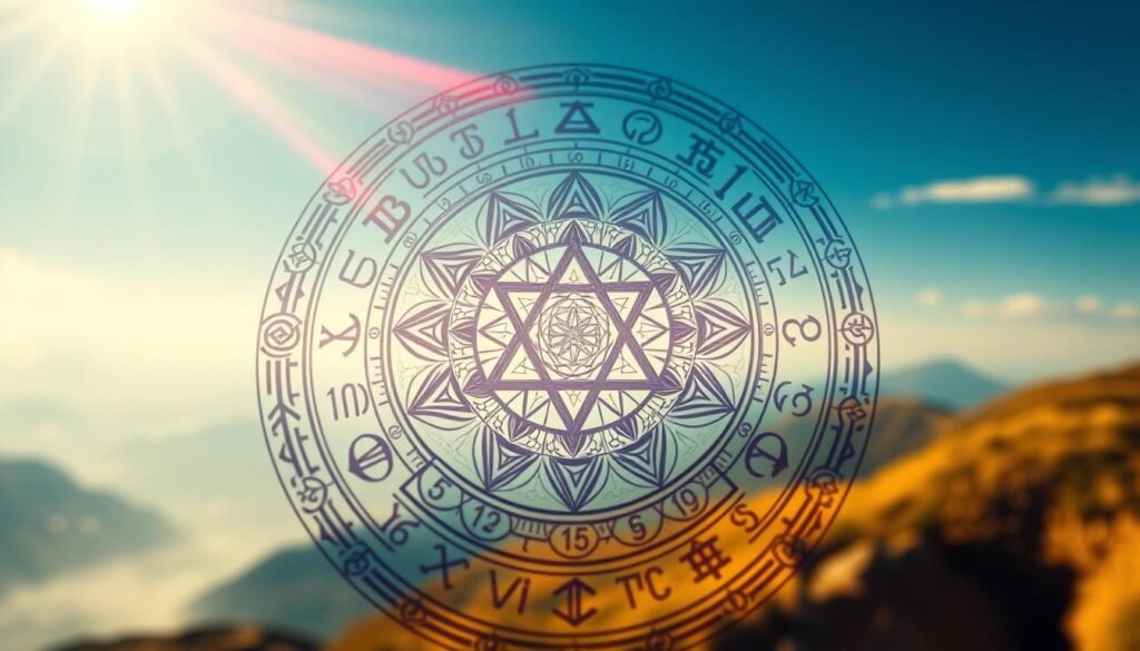 A detailed, vibrant illustration of numerology foundation symbols, captured with a wide-angle lens and soft, warm lighting. In the foreground, a central mandala-like pattern featuring interwoven numerical symbols and sacred geometry, evoking a sense of cosmic balance and mystical significance. The middle ground showcases various numerological icons, such as the Pythagorean triangle, the infinity symbol, and ancient number glyphs, all presented in a harmonious, visually striking arrangement. The background subtly fades into a serene, ethereal landscape, hinting at the deeper spiritual connections underlying the numerological principles. The overall composition conveys a sense of harmony, enlightenment, and the profound insights that can be found within the numerological realm.