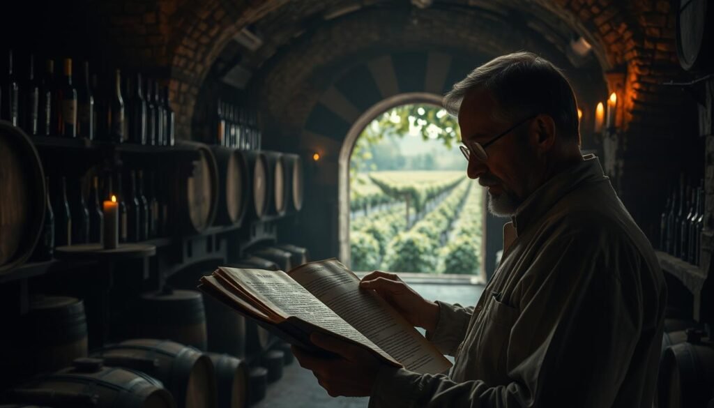 A dimly lit, cavernous wine cellar, its walls adorned with ancient oak barrels and dusty bottles. In the foreground, a scholar carefully examines an aged parchment, its text illuminating the historical symbolism of wine in dreams. Flickering candlelight casts an ethereal glow, hinting at the mystical connection between the vine, the cup, and the subconscious. Through arched doorways, a tapestry of vines and grapes stretches into the shadowy distance, suggesting the deep-rooted cultural and spiritual significance of this elixir. A sense of reverence and contemplation permeates the scene, inviting the viewer to explore the rich, multifaceted history of wine in the realm of dreams. A dimly lit, cavernous wine cellar, its walls adorned with ancient oak barrels and dusty bottles. In the foreground, a scholar carefully examines an aged parchment, its text illuminating the historical symbolism of wine in dreams. Flickering candlelight casts an ethereal glow, hinting at the mystical connection between the vine, the cup, and the subconscious. Through arched doorways, a tapestry of vines and grapes stretches into the shadowy distance, suggesting the deep-rooted cultural and spiritual significance of this elixir. A sense of reverence and contemplation permeates the scene, inviting the viewer to explore the rich, multifaceted history of wine in the realm of dreams.