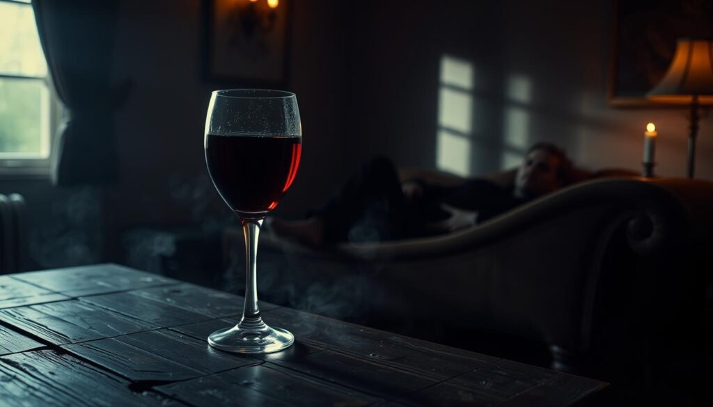 A dimly lit room, bathed in the soft glow of a single candle. A crystal wine glass filled with deep, crimson liquid sits atop a weathered wooden table, casting dancing shadows on the walls. The glass is surrounded by a hazy, ethereal mist, hinting at the dreamlike nature of the scene. In the background, a shadowy figure reclines on a plush, velvet-upholstered chaise, lost in contemplation. The mood is one of introspection, mystery, and the allure of the subconscious, as if the red wine has opened a gateway to the realm of dreams. A dimly lit room, bathed in the soft glow of a single candle. A crystal wine glass filled with deep, crimson liquid sits atop a weathered wooden table, casting dancing shadows on the walls. The glass is surrounded by a hazy, ethereal mist, hinting at the dreamlike nature of the scene. In the background, a shadowy figure reclines on a plush, velvet-upholstered chaise, lost in contemplation. The mood is one of introspection, mystery, and the allure of the subconscious, as if the red wine has opened a gateway to the realm of dreams.