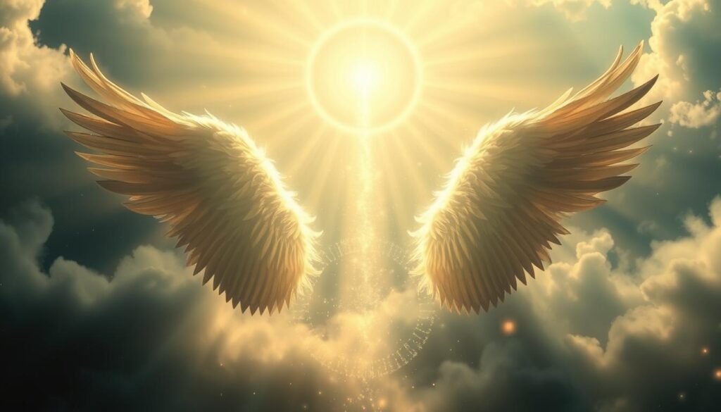 A divine halo of light cascading from the heavens, illuminating a serene, ethereal landscape. Feathered angel wings unfurling, radiating spiritual energy. Celestial glyphs and sacred symbols float amidst swirling mists, conveying messages of enlightenment. A sense of profound connection to the divine, with shimmering orbs of light guiding the way. Soft, diffused lighting creates an otherworldly, transcendent atmosphere. Captivating the viewer with the mystical interplay of light, energy, and symbolism, reflecting the spiritual significance of Angel Number 811. A divine halo of light cascading from the heavens, illuminating a serene, ethereal landscape. Feathered angel wings unfurling, radiating spiritual energy. Celestial glyphs and sacred symbols float amidst swirling mists, conveying messages of enlightenment. A sense of profound connection to the divine, with shimmering orbs of light guiding the way. Soft, diffused lighting creates an otherworldly, transcendent atmosphere. Captivating the viewer with the mystical interplay of light, energy, and symbolism, reflecting the spiritual significance of Angel Number 811.
