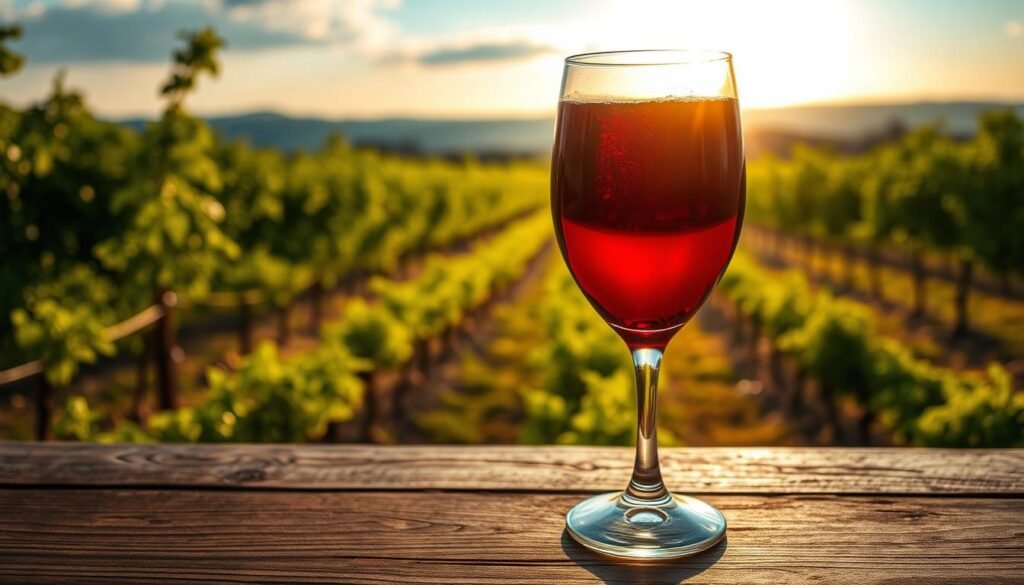 A glass of deep crimson red wine, its surface gently rippling, sits atop a wooden table, bathed in warm, golden light that casts intriguing shadows. In the background, a lush, verdant vineyard stretches out, its vines winding gracefully under a sky fading from vibrant blue to soft, dream-like hues. The composition evokes a sense of tranquility and contemplation, inviting the viewer to ponder the symbolic significance of this captivating elixir and its role in the realm of dreams. A glass of deep crimson red wine, its surface gently rippling, sits atop a wooden table, bathed in warm, golden light that casts intriguing shadows. In the background, a lush, verdant vineyard stretches out, its vines winding gracefully under a sky fading from vibrant blue to soft, dream-like hues. The composition evokes a sense of tranquility and contemplation, inviting the viewer to ponder the symbolic significance of this captivating elixir and its role in the realm of dreams.