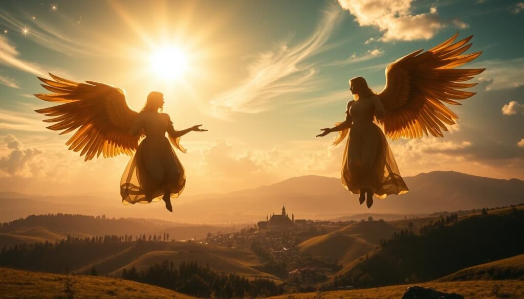 A majestic celestial landscape, where guardian angels descend from the heavens, their ethereal forms radiating a warm, protective glow. In the foreground, the silhouettes of two angelic figures, their wings outstretched, watch over a peaceful, idyllic scene below. In the middle ground, a serene village nestled amidst rolling hills, its buildings and inhabitants bathed in a soft, golden light. In the background, a radiant, sunlit sky, filled with wispy clouds and shimmering stars, conveying a sense of divine presence and timeless cultural reverence. Captured with a wide-angle lens, the scene evokes a timeless, awe-inspiring atmosphere, reflecting the deep-rooted significance of guardian angels in human history and belief systems. A majestic celestial landscape, where guardian angels descend from the heavens, their ethereal forms radiating a warm, protective glow. In the foreground, the silhouettes of two angelic figures, their wings outstretched, watch over a peaceful, idyllic scene below. In the middle ground, a serene village nestled amidst rolling hills, its buildings and inhabitants bathed in a soft, golden light. In the background, a radiant, sunlit sky, filled with wispy clouds and shimmering stars, conveying a sense of divine presence and timeless cultural reverence. Captured with a wide-angle lens, the scene evokes a timeless, awe-inspiring atmosphere, reflecting the deep-rooted significance of guardian angels in human history and belief systems.