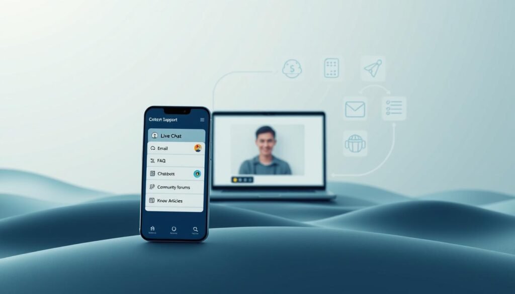 A modern, minimalist digital landscape showcasing various customer support options. In the foreground, a smartphone displays a sleek mobile app interface with intuitive menus for live chat, email, and FAQ sections. The middle ground features a laptop with a video call window, representing virtual assistance. In the background, a series of geometric icons symbolize self-service options like chatbots, community forums, and knowledge base articles. The scene is bathed in a soft, cool-toned lighting, creating a professional and efficient atmosphere. The overall composition conveys a seamless, technology-driven customer experience. A modern, minimalist digital landscape showcasing various customer support options. In the foreground, a smartphone displays a sleek mobile app interface with intuitive menus for live chat, email, and FAQ sections. The middle ground features a laptop with a video call window, representing virtual assistance. In the background, a series of geometric icons symbolize self-service options like chatbots, community forums, and knowledge base articles. The scene is bathed in a soft, cool-toned lighting, creating a professional and efficient atmosphere. The overall composition conveys a seamless, technology-driven customer experience.
