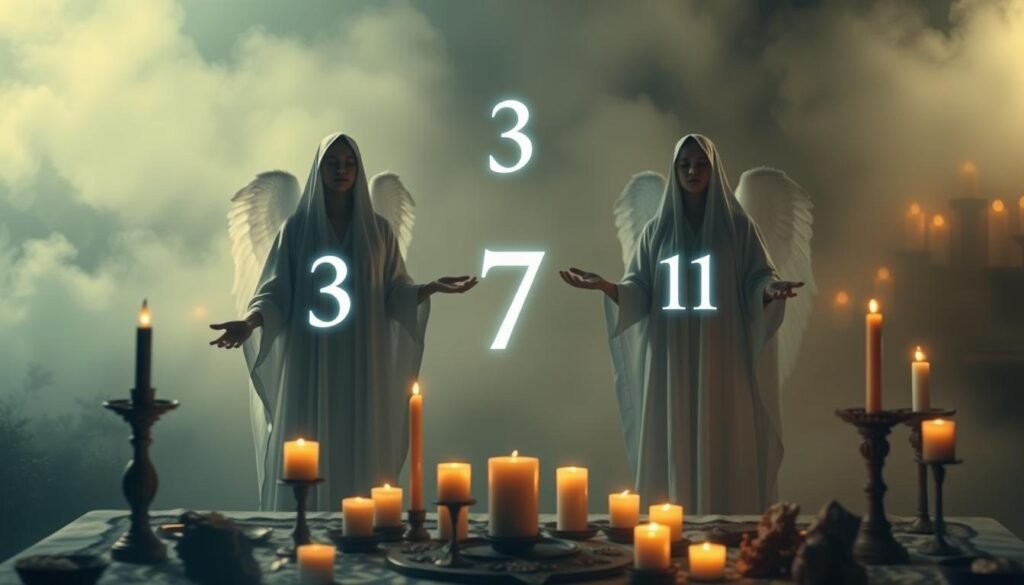 A serene, candlelit ritual with angelic figures and glowing numerals. In the foreground, a mystical altar adorned with candles, crystals, and symbolic objects. Ethereal female figures, cloaked in flowing white robes, stand in a meditative pose, their hands outstretched. Softly diffused lighting illuminates a hazy, atmospheric background, evoking a sense of spiritual tranquility. The numbers 3, 7, and 11 float weightlessly, radiating an aura of prosperity and abundance. The overall scene conveys a harmonious balance between the earthly and the divine, inviting the viewer to connect with the transformative power of "angel numbers" for wealth and success. A serene, candlelit ritual with angelic figures and glowing numerals. In the foreground, a mystical altar adorned with candles, crystals, and symbolic objects. Ethereal female figures, cloaked in flowing white robes, stand in a meditative pose, their hands outstretched. Softly diffused lighting illuminates a hazy, atmospheric background, evoking a sense of spiritual tranquility. The numbers 3, 7, and 11 float weightlessly, radiating an aura of prosperity and abundance. The overall scene conveys a harmonious balance between the earthly and the divine, inviting the viewer to connect with the transformative power of "angel numbers" for wealth and success.