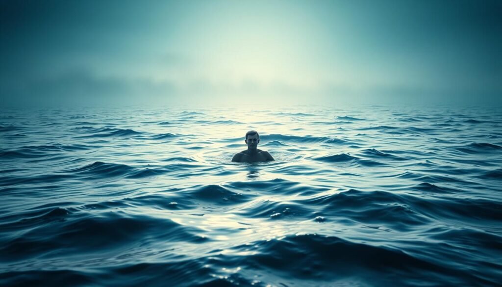A serene, dreamlike ocean landscape, where the boundary between waking and sleeping blurs. In the foreground, a solitary figure floats atop the gently lapping waves, their expression one of deep contemplation. The middle ground features swirling patterns of light and shadow, reflecting the subconscious energies of the mind. In the distance, the horizon line dissolves into a hazy, ethereal mist, hinting at the vast, mysterious depths of the psyche. Soft, diffuse lighting casts a soothing, introspective mood, inviting the viewer to explore the emotional and symbolic resonance of the ocean as a canvas for the subconscious. A serene, dreamlike ocean landscape, where the boundary between waking and sleeping blurs. In the foreground, a solitary figure floats atop the gently lapping waves, their expression one of deep contemplation. The middle ground features swirling patterns of light and shadow, reflecting the subconscious energies of the mind. In the distance, the horizon line dissolves into a hazy, ethereal mist, hinting at the vast, mysterious depths of the psyche. Soft, diffuse lighting casts a soothing, introspective mood, inviting the viewer to explore the emotional and symbolic resonance of the ocean as a canvas for the subconscious.