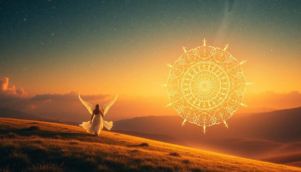 A serene, ethereal landscape where the spiritual significance of number sequences is visualized. In the foreground, a glowing, kaleidoscopic mandala of interconnected numerical symbols floats, emanating a sense of mystical energy. The middle ground features wispy, translucent figures representing angelic or celestial beings, their forms intertwined with the number patterns. In the distance, a vast, starry sky stretches out, dotted with celestial bodies and shimmering cosmic clouds, creating a sense of infinite, otherworldly wonder. Soft, warm lighting illuminates the scene, imbuing it with a sense of transcendence and sacred resonance. A serene, ethereal landscape where the spiritual significance of number sequences is visualized. In the foreground, a glowing, kaleidoscopic mandala of interconnected numerical symbols floats, emanating a sense of mystical energy. The middle ground features wispy, translucent figures representing angelic or celestial beings, their forms intertwined with the number patterns. In the distance, a vast, starry sky stretches out, dotted with celestial bodies and shimmering cosmic clouds, creating a sense of infinite, otherworldly wonder. Soft, warm lighting illuminates the scene, imbuing it with a sense of transcendence and sacred resonance.