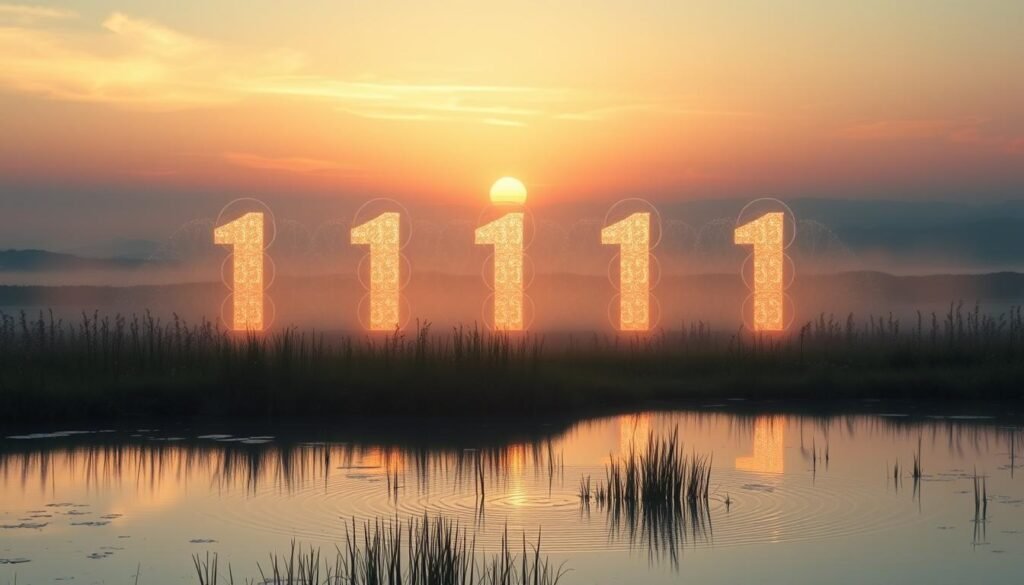 A serene, ethereal landscape with a glowing, numerological 1111 energy alignment at the center. In the foreground, a tranquil pond reflects the numerical patterns, creating a sense of balance and harmony. In the middle ground, a field of soft, mystical light radiates outward, enveloping the scene in a warm, divine glow. The background features a breathtaking sunset, with hues of gold, pink, and purple casting a magical aura over the entire composition. The lighting is soft and diffused, creating an atmosphere of profound spiritual connection and angelic guidance. The overall mood is one of peace, enlightenment, and a profound sense of cosmic alignment. A serene, ethereal landscape with a glowing, numerological 1111 energy alignment at the center. In the foreground, a tranquil pond reflects the numerical patterns, creating a sense of balance and harmony. In the middle ground, a field of soft, mystical light radiates outward, enveloping the scene in a warm, divine glow. The background features a breathtaking sunset, with hues of gold, pink, and purple casting a magical aura over the entire composition. The lighting is soft and diffused, creating an atmosphere of profound spiritual connection and angelic guidance. The overall mood is one of peace, enlightenment, and a profound sense of cosmic alignment.