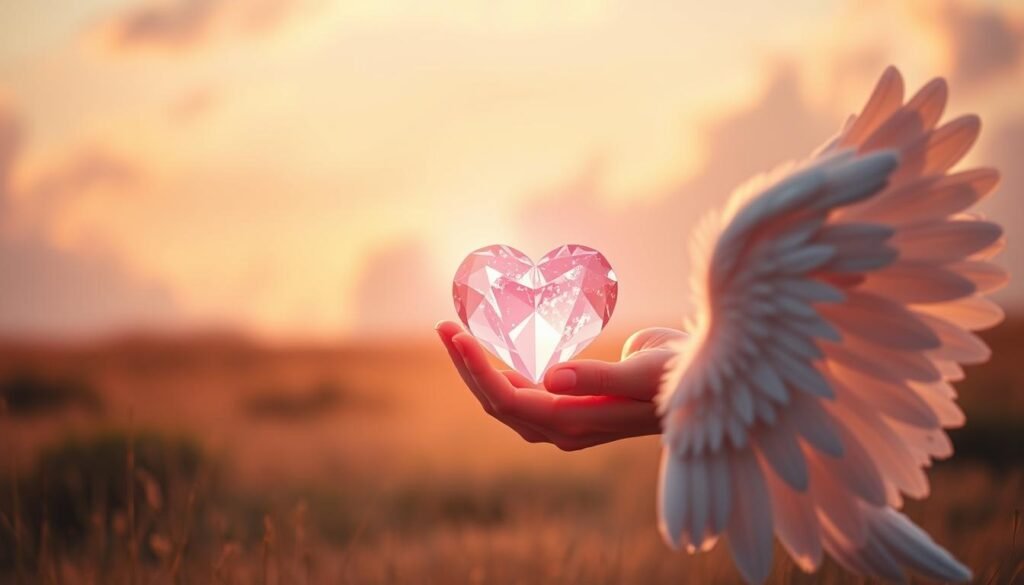 A serene, ethereal landscape with soft, glowing angel wings in the foreground, their tips barely touching the ground. In the middle ground, a pair of hands cupping a shimmering, translucent heart-shaped gemstone, radiating warm, pink light. The background is a blurred, pastel-hued sky with wispy, cloud-like formations, bathed in a warm, golden glow. The scene exudes a sense of love, guidance, and divine connection. A serene, ethereal landscape with soft, glowing angel wings in the foreground, their tips barely touching the ground. In the middle ground, a pair of hands cupping a shimmering, translucent heart-shaped gemstone, radiating warm, pink light. The background is a blurred, pastel-hued sky with wispy, cloud-like formations, bathed in a warm, golden glow. The scene exudes a sense of love, guidance, and divine connection.