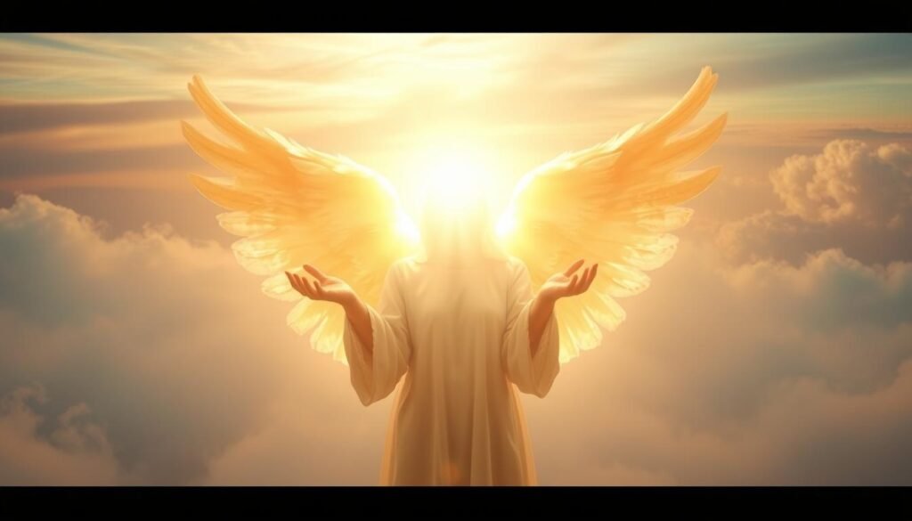 A serene, ethereal scene featuring a luminous angel figure enveloped in a soft, golden light, symbolizing the divine connection of the angel number 1212. The angel's outstretched hands emanate a warm, comforting energy, creating a sense of spiritual guidance and protection. In the background, a hazy, dreamlike landscape with shimmering clouds and a gentle, pastel-hued sky conveys a sense of transcendence and heavenly presence. The lighting is diffused and heavenly, with subtle highlights and shadows accentuating the angelic form. The overall mood is one of tranquility, harmony, and a profound sense of connection between the earthly and the divine. A serene, ethereal scene featuring a luminous angel figure enveloped in a soft, golden light, symbolizing the divine connection of the angel number 1212. The angel's outstretched hands emanate a warm, comforting energy, creating a sense of spiritual guidance and protection. In the background, a hazy, dreamlike landscape with shimmering clouds and a gentle, pastel-hued sky conveys a sense of transcendence and heavenly presence. The lighting is diffused and heavenly, with subtle highlights and shadows accentuating the angelic form. The overall mood is one of tranquility, harmony, and a profound sense of connection between the earthly and the divine.