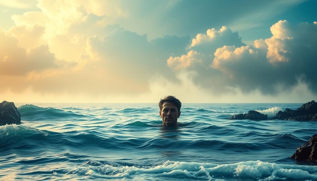 A serene ocean dreamscape, waves gently lapping against a rocky shore. In the foreground, a solitary figure emerges from the depths, their face etched with a profound, introspective expression. The middle ground features wispy, ethereal tendrils of mist, hinting at the emotional currents that flow beneath the surface. The background is dominated by a majestic, cloud-streaked sky, casting a warm, golden glow over the entire scene. The overall atmosphere evokes a sense of introspection, contemplation, and the deeply symbolic nature of ocean dreams. A serene ocean dreamscape, waves gently lapping against a rocky shore. In the foreground, a solitary figure emerges from the depths, their face etched with a profound, introspective expression. The middle ground features wispy, ethereal tendrils of mist, hinting at the emotional currents that flow beneath the surface. The background is dominated by a majestic, cloud-streaked sky, casting a warm, golden glow over the entire scene. The overall atmosphere evokes a sense of introspection, contemplation, and the deeply symbolic nature of ocean dreams.
