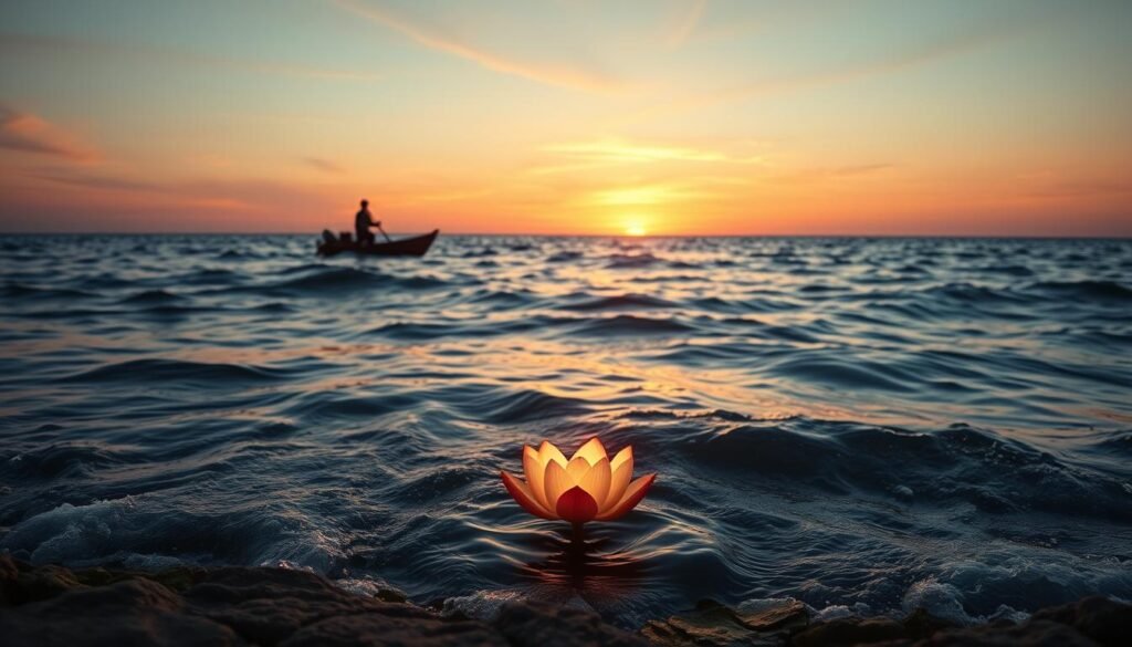 A serene oceanscape, the waters gently lapping against a rocky shoreline. In the foreground, a single glowing lotus flower emerges from the waves, symbolizing personal growth and transformation. The middle ground features a silhouetted figure on a small boat, navigating the changing tides of life. The background depicts a vibrant sunset, casting warm hues across the sky and the undulating ocean surface. The scene is illuminated by soft, natural lighting, creating a contemplative and introspective atmosphere. Cinematic camera angles and a slightly tilted horizon emphasize the sense of personal journey and inner exploration. A serene oceanscape, the waters gently lapping against a rocky shoreline. In the foreground, a single glowing lotus flower emerges from the waves, symbolizing personal growth and transformation. The middle ground features a silhouetted figure on a small boat, navigating the changing tides of life. The background depicts a vibrant sunset, casting warm hues across the sky and the undulating ocean surface. The scene is illuminated by soft, natural lighting, creating a contemplative and introspective atmosphere. Cinematic camera angles and a slightly tilted horizon emphasize the sense of personal journey and inner exploration.