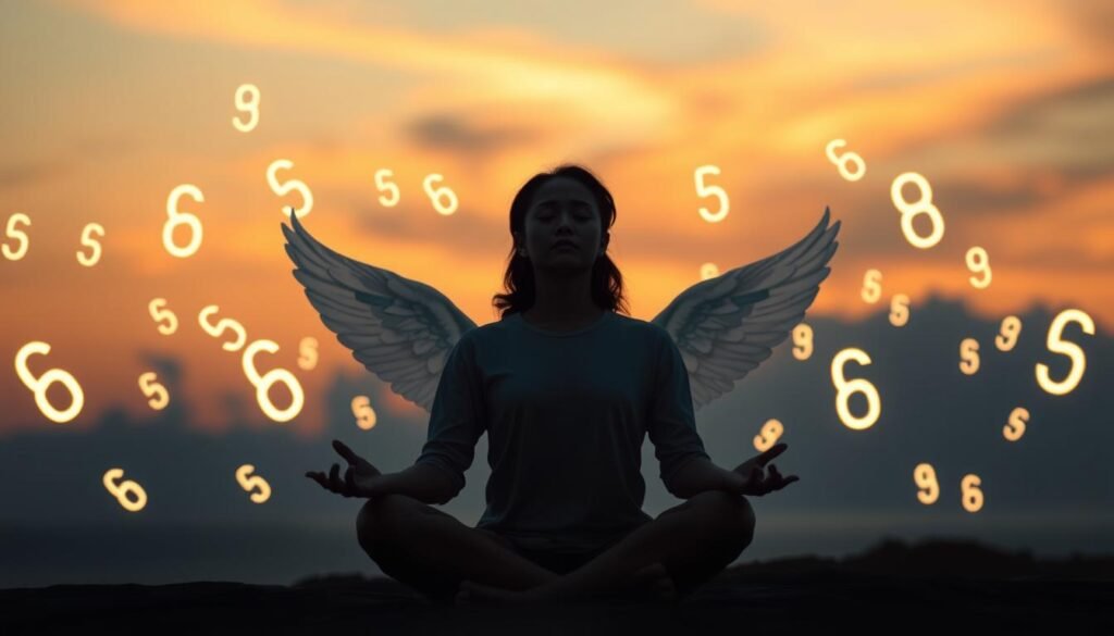 A serene scene of a person meditating while surrounded by glowing angel numbers floating in the air. The numbers gently illuminate the dim, ambient lighting, casting a soft, ethereal glow. In the background, a warm, pastel-hued sky with wispy clouds, creating a calming, dreamlike atmosphere. The figure is seated in a comfortable lotus position, eyes closed, hands resting gently on their lap, exuding a sense of tranquility and inner focus. The overall composition conveys a sense of spiritual connection and the power of daily practices with angel numbers. A serene scene of a person meditating while surrounded by glowing angel numbers floating in the air. The numbers gently illuminate the dim, ambient lighting, casting a soft, ethereal glow. In the background, a warm, pastel-hued sky with wispy clouds, creating a calming, dreamlike atmosphere. The figure is seated in a comfortable lotus position, eyes closed, hands resting gently on their lap, exuding a sense of tranquility and inner focus. The overall composition conveys a sense of spiritual connection and the power of daily practices with angel numbers.