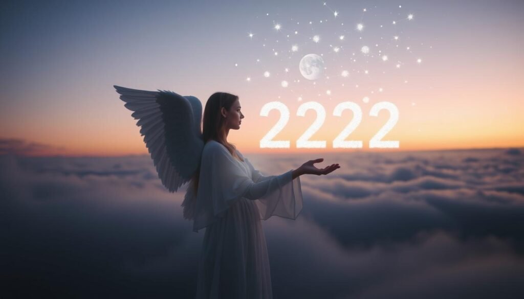 A tranquil, ethereal scene depicting "angel numbers guidance". In the foreground, a serene, angelic figure emerges from a soft, glowing light, extending her hands with a sense of compassion and wisdom. Subtle, wispy wings unfurl behind her, adding an otherworldly elegance. The middle ground features a constellation of delicate, shimmering numbers - 22222 - floating in a serene, pastel-hued sky. In the background, a horizon of distant, cloud-like formations creates a calming, mystical atmosphere. The overall mood is one of spiritual enlightenment, divine connection, and the profound significance of angel number guidance. A tranquil, ethereal scene depicting "angel numbers guidance". In the foreground, a serene, angelic figure emerges from a soft, glowing light, extending her hands with a sense of compassion and wisdom. Subtle, wispy wings unfurl behind her, adding an otherworldly elegance. The middle ground features a constellation of delicate, shimmering numbers - 22222 - floating in a serene, pastel-hued sky. In the background, a horizon of distant, cloud-like formations creates a calming, mystical atmosphere. The overall mood is one of spiritual enlightenment, divine connection, and the profound significance of angel number guidance.