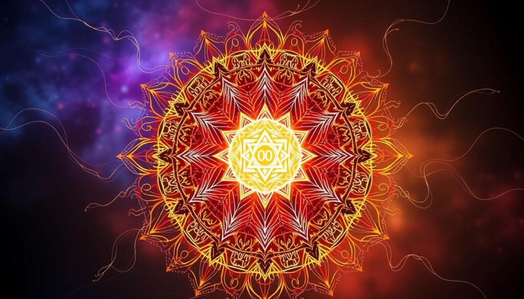 A vibrant and intricate mandala-like composition, with flowing energy lines, geometric patterns, and a central numerological symbol or glyph pulsing with radiant light. The background is a soft, mystical gradient, evoking a sense of cosmic interconnectedness. The overall composition is balanced and symmetrical, with a sense of depth and dimensionality. The lighting is dramatic, casting deep shadows and highlights to accentuate the sense of energy and movement. The lens is wide-angle, capturing the full scope of the scene, and the angle is slightly elevated to give a sense of grandeur and spiritual significance. A vibrant and intricate mandala-like composition, with flowing energy lines, geometric patterns, and a central numerological symbol or glyph pulsing with radiant light. The background is a soft, mystical gradient, evoking a sense of cosmic interconnectedness. The overall composition is balanced and symmetrical, with a sense of depth and dimensionality. The lighting is dramatic, casting deep shadows and highlights to accentuate the sense of energy and movement. The lens is wide-angle, capturing the full scope of the scene, and the angle is slightly elevated to give a sense of grandeur and spiritual significance.