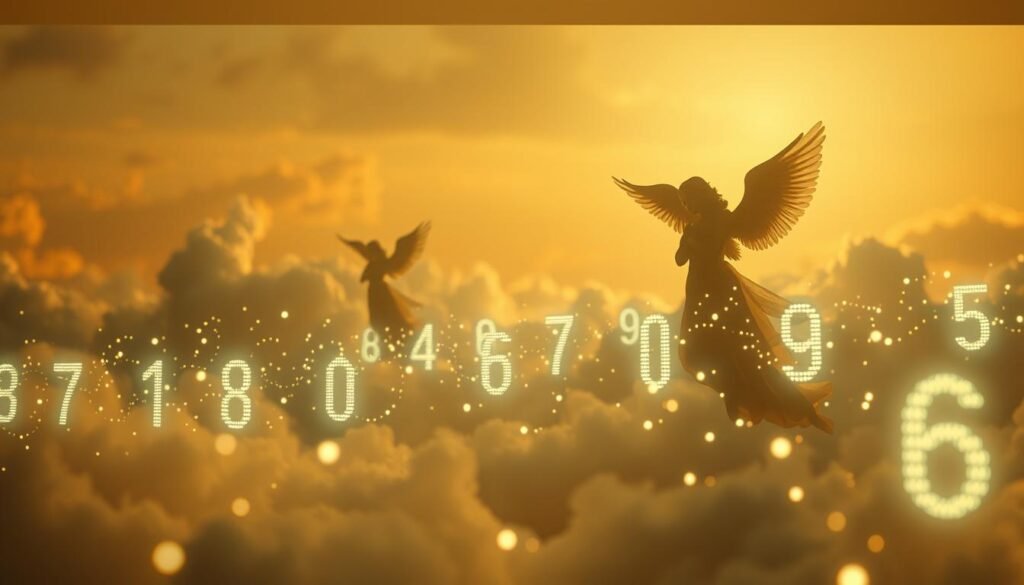 An elegant angelic scene unfolds, bathed in a warm, ethereal glow. In the foreground, a series of luminous number sequences dance across the frame, each digit emanating a soft, radiant aura. In the middle ground, subtle angelic silhouettes hover, their wings outstretched, guiding the numerical patterns. The background is a serene, cloud-like expanse, tinged with hints of gold and peach, creating a sense of timelessness and spiritual connection. The composition is balanced, the lighting is soft and diffused, and the overall atmosphere conveys a sense of wonder, mysticism, and the divine presence of guardian angels in everyday life. An elegant angelic scene unfolds, bathed in a warm, ethereal glow. In the foreground, a series of luminous number sequences dance across the frame, each digit emanating a soft, radiant aura. In the middle ground, subtle angelic silhouettes hover, their wings outstretched, guiding the numerical patterns. The background is a serene, cloud-like expanse, tinged with hints of gold and peach, creating a sense of timelessness and spiritual connection. The composition is balanced, the lighting is soft and diffused, and the overall atmosphere conveys a sense of wonder, mysticism, and the divine presence of guardian angels in everyday life.