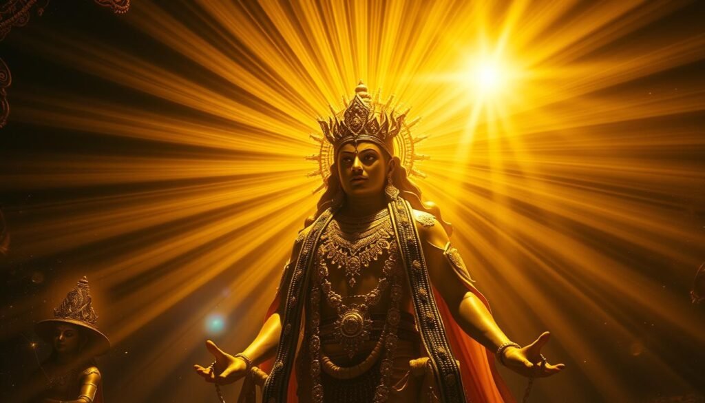 Majestic radiant golden rays emanating from a central divine figure, casting a warm glow upon the scene. Ornate golden jewelry adorns the central figure, symbolizing power, wealth, and sacred connection. The background features a serene, mystical landscape with glimmering celestial elements, hinting at the divine and spiritual nature of the subject. Dramatic lighting and a cinematic camera angle emphasize the grandeur and awe-inspiring presence of the golden imagery. An atmosphere of reverence, enlightenment, and inner strength permeates the image. Majestic radiant golden rays emanating from a central divine figure, casting a warm glow upon the scene. Ornate golden jewelry adorns the central figure, symbolizing power, wealth, and sacred connection. The background features a serene, mystical landscape with glimmering celestial elements, hinting at the divine and spiritual nature of the subject. Dramatic lighting and a cinematic camera angle emphasize the grandeur and awe-inspiring presence of the golden imagery. An atmosphere of reverence, enlightenment, and inner strength permeates the image.