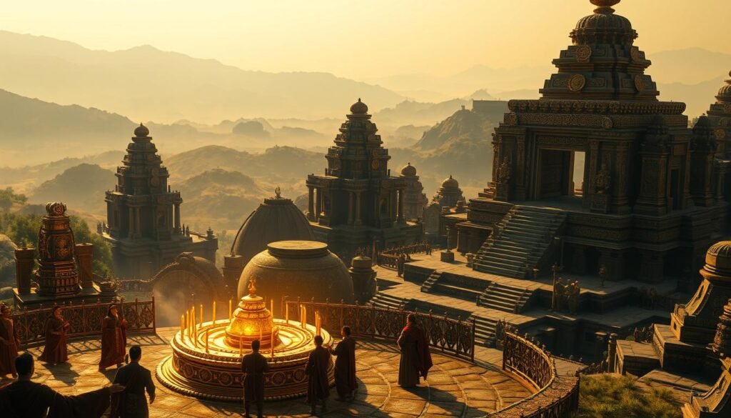 a detailed, immersive landscape depicting an ancient civilization's spiritual and ceremonial use of gold. In the foreground, ornately decorated priests or shamans perform a ritual around a glimmering golden altar, bathed in warm, ethereal lighting. The middle ground features towering stone temples and monuments, their surfaces shimmering with intricate gold inlays and embellishments. In the background, a hazy mountainous horizon is visible, shrouded in mist and mystery. The overall mood is one of reverence, mysticism, and the profound connection between the divine, nature, and humanity, as expressed through the symbolic power of gold. a detailed, immersive landscape depicting an ancient civilization's spiritual and ceremonial use of gold. In the foreground, ornately decorated priests or shamans perform a ritual around a glimmering golden altar, bathed in warm, ethereal lighting. The middle ground features towering stone temples and monuments, their surfaces shimmering with intricate gold inlays and embellishments. In the background, a hazy mountainous horizon is visible, shrouded in mist and mystery. The overall mood is one of reverence, mysticism, and the profound connection between the divine, nature, and humanity, as expressed through the symbolic power of gold.