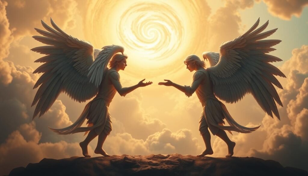 a highly detailed, hyperrealistic digital painting of an intense debate between two angels, their wings spread wide, positioned in the foreground in a dramatic confrontation, lit by a warm, golden heavenly light from above, with a swirling, ethereal, cloud-filled sky in the background, conveying a sense of the divine, mystical, and philosophical nature of the "angel number" concept a highly detailed, hyperrealistic digital painting of an intense debate between two angels, their wings spread wide, positioned in the foreground in a dramatic confrontation, lit by a warm, golden heavenly light from above, with a swirling, ethereal, cloud-filled sky in the background, conveying a sense of the divine, mystical, and philosophical nature of the "angel number" concept