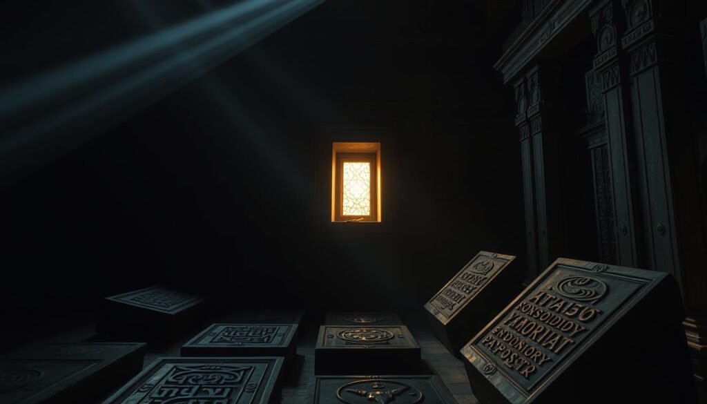 ancient numerology symbols in a dimly lit temple, partially illuminated by a single beam of golden light shining through a small window, surrounded by ornate architectural details and the faint silhouettes of ancient stone tablets covered in mysterious glyphs, a sense of reverence and timeless knowledge permeating the scene ancient numerology symbols in a dimly lit temple, partially illuminated by a single beam of golden light shining through a small window, surrounded by ornate architectural details and the faint silhouettes of ancient stone tablets covered in mysterious glyphs, a sense of reverence and timeless knowledge permeating the scene