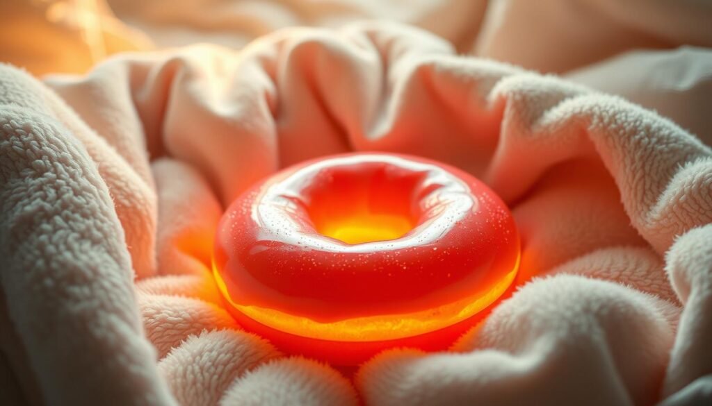 A cozy, inviting scene of a warm, glowing donut resting on a soft, plush comforter. The donut is rendered in rich, vibrant hues, with a glistening sugary glaze that seems to radiate comfort and contentment. Surrounding the donut are swirling, ethereal shapes in soothing pastel tones, creating a sense of dreamlike, therapeutic creativity. Subtle lighting from above casts a gentle, enveloping glow, evoking a feeling of emotional security and nurturing. The composition is balanced and harmonious, inviting the viewer to sink into the soothing, meditative atmosphere and find solace in the symbolic representation of comfort and creativity.