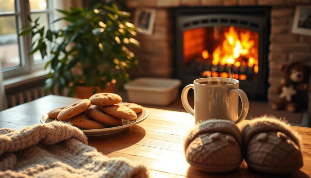 A cozy kitchen bathed in warm, golden light, with a plate of freshly baked cookies sitting on a wooden table. Beside the plate, a steaming mug of hot chocolate emanates comforting wisps of steam. In the foreground, a soft, plush blanket and a pair of worn, but well-loved slippers suggest a sense of security and contentment. The middle ground features a lush, verdant houseplant, symbolizing growth and vitality, while the background showcases a crackling fireplace, its flickering flames casting a gentle, soothing glow throughout the scene. The overall atmosphere evokes a feeling of emotional triggers and comfort, perfectly encapsulating the idea of "The Psychology Behind Sweet Dreams." A cozy kitchen bathed in warm, golden light, with a plate of freshly baked cookies sitting on a wooden table. Beside the plate, a steaming mug of hot chocolate emanates comforting wisps of steam. In the foreground, a soft, plush blanket and a pair of worn, but well-loved slippers suggest a sense of security and contentment. The middle ground features a lush, verdant houseplant, symbolizing growth and vitality, while the background showcases a crackling fireplace, its flickering flames casting a gentle, soothing glow throughout the scene. The overall atmosphere evokes a feeling of emotional triggers and comfort, perfectly encapsulating the idea of "The Psychology Behind Sweet Dreams."