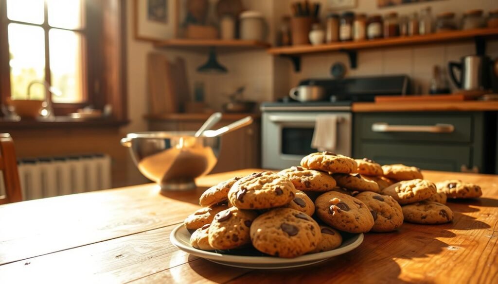 A cozy kitchen scene, warm afternoon light streaming through large windows, illuminating a wooden table where a batch of freshly baked cookies sit cooling. In the foreground, a plate piled high with gooey, golden-brown chocolate chip cookies, their aroma wafting through the air. In the middle ground, a mixing bowl and utensils, evidence of the baking process. The background features a vintage-inspired oven, its door slightly ajar, and shelves lined with jars of ingredients. An inviting, homely atmosphere, capturing the comforting and nostalgic experience of baking cookies. A cozy kitchen scene, warm afternoon light streaming through large windows, illuminating a wooden table where a batch of freshly baked cookies sit cooling. In the foreground, a plate piled high with gooey, golden-brown chocolate chip cookies, their aroma wafting through the air. In the middle ground, a mixing bowl and utensils, evidence of the baking process. The background features a vintage-inspired oven, its door slightly ajar, and shelves lined with jars of ingredients. An inviting, homely atmosphere, capturing the comforting and nostalgic experience of baking cookies.