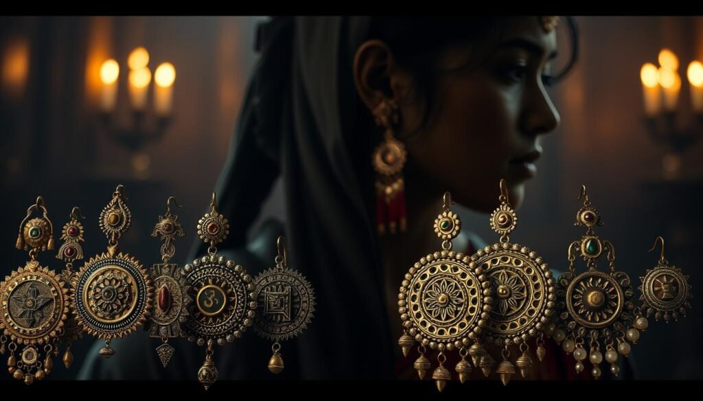 A detailed scene depicting the historical and cultural significance of earrings. In the foreground, a collection of ornate, ancient-looking earrings in gold, silver, and precious stones, each with intricate symbolic motifs. In the middle ground, a shadowy figure wearing traditional cultural garments, their ears adorned with the earrings, conveying a sense of mysticism and tradition. The background is a dimly lit, atmospheric interior with the warm glow of candles or torchlight, evoking a sense of timelessness and reverence. The lighting is soft and dramatic, creating a chiaroscuro effect that highlights the textures and details of the earrings and the cultural attire. The composition is balanced and visually striking, inviting the viewer to contemplate the deep historical and symbolic meaning of these cultural adornments. A detailed scene depicting the historical and cultural significance of earrings. In the foreground, a collection of ornate, ancient-looking earrings in gold, silver, and precious stones, each with intricate symbolic motifs. In the middle ground, a shadowy figure wearing traditional cultural garments, their ears adorned with the earrings, conveying a sense of mysticism and tradition. The background is a dimly lit, atmospheric interior with the warm glow of candles or torchlight, evoking a sense of timelessness and reverence. The lighting is soft and dramatic, creating a chiaroscuro effect that highlights the textures and details of the earrings and the cultural attire. The composition is balanced and visually striking, inviting the viewer to contemplate the deep historical and symbolic meaning of these cultural adornments.