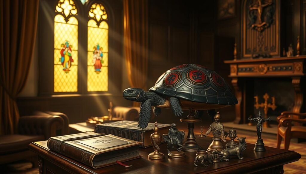 A dimly lit, Renaissance-style interior with ornate wooden furniture, heavy draperies, and a large ornamental fireplace. In the foreground, a wooden table displays a selection of antique religious artifacts - an ancient leather-bound Bible, a brass crucifix, and a collection of symbolic animal figurines. A beam of warm, golden light streams through a stained glass window, casting an ethereal glow over the scene. Perched atop the artifacts, a majestic turtle gazes contemplatively, its shell emblazoned with biblical iconography. The overall atmosphere evokes a sense of spiritual introspection and the deep, symbolic meaning of animal symbolism in Christian dream analysis.