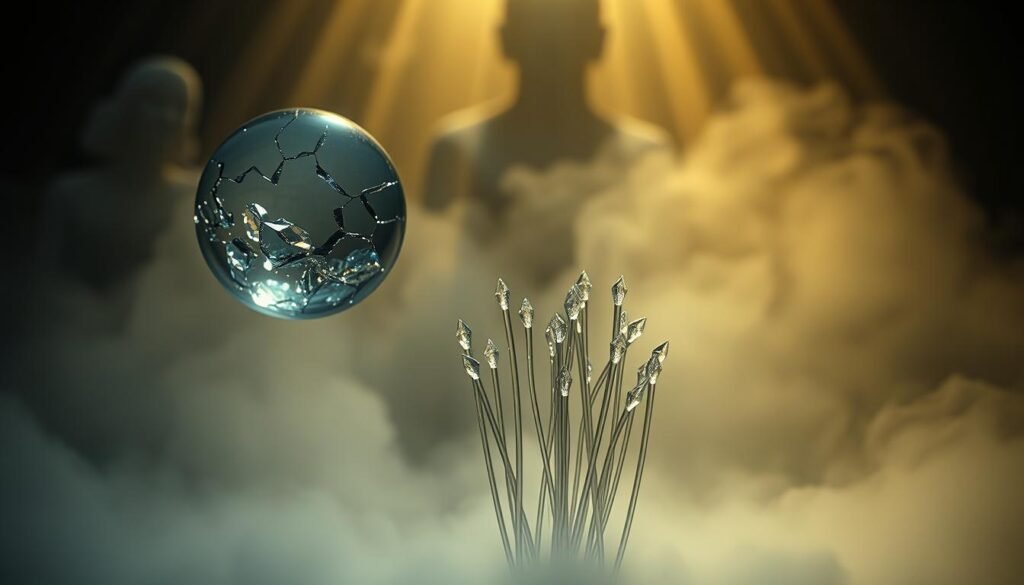 A dimly lit, spiritual scene showcasing the ethereal symbolism of glass. In the foreground, a shattered glass sphere hovers, its fragmented pieces suspended in a swirling, ethereal mist. Beams of soft, golden light pierce through the mist, casting a warm, otherworldly glow. In the middle ground, a cluster of delicate, translucent glass rods protrude from the mist, their crystalline structures refracting the light in mesmerizing patterns. The background is shrouded in a hazy, dreamlike atmosphere, with faint silhouettes of indistinct, spiritual forms emerging from the mist. The overall composition conveys a sense of mystery, introspection, and the fragility of the human condition. A dimly lit, spiritual scene showcasing the ethereal symbolism of glass. In the foreground, a shattered glass sphere hovers, its fragmented pieces suspended in a swirling, ethereal mist. Beams of soft, golden light pierce through the mist, casting a warm, otherworldly glow. In the middle ground, a cluster of delicate, translucent glass rods protrude from the mist, their crystalline structures refracting the light in mesmerizing patterns. The background is shrouded in a hazy, dreamlike atmosphere, with faint silhouettes of indistinct, spiritual forms emerging from the mist. The overall composition conveys a sense of mystery, introspection, and the fragility of the human condition.