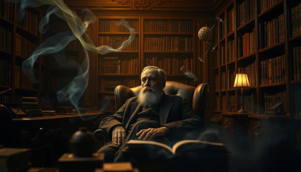 A dimly lit study, with an ornate desk and shelves filled with antique books. In the center, a bearded man with a thoughtful gaze, Carl Jung, sits in a leather armchair, lost in contemplation. The room is bathed in a warm, golden light, creating a sense of depth and atmosphere. Surrounding him, ethereal dream-like imagery emerges, symbolizing the depths of the subconscious mind. Mist-like forms, abstract shapes, and archetypical symbols float and dance, reflecting Jung's groundbreaking work on the psychology of dreams. The overall scene conveys a sense of introspection, wisdom, and the mystical connections between the conscious and unconscious realms. A dimly lit study, with an ornate desk and shelves filled with antique books. In the center, a bearded man with a thoughtful gaze, Carl Jung, sits in a leather armchair, lost in contemplation. The room is bathed in a warm, golden light, creating a sense of depth and atmosphere. Surrounding him, ethereal dream-like imagery emerges, symbolizing the depths of the subconscious mind. Mist-like forms, abstract shapes, and archetypical symbols float and dance, reflecting Jung's groundbreaking work on the psychology of dreams. The overall scene conveys a sense of introspection, wisdom, and the mystical connections between the conscious and unconscious realms.