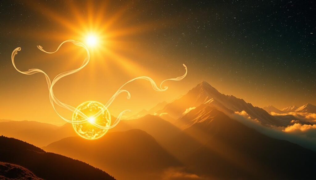 A divine dream landscape bathes in a warm, golden light. In the foreground, a glowing orb of ethereal energy hovers, pulsing with cosmic wisdom. Wispy, translucent tendrils extend from the orb, carrying shimmering messages from the celestial realm. In the middle ground, a majestic mountain range rises, its peaks adorned with swirling wisps of mist. Beams of light pierce through the ethereal veil, illuminating the pathway to higher spiritual consciousness. In the background, a starry night sky unfolds, dotted with constellations that speak of ancient, mystical truths. The overall atmosphere is one of profound connection, transcendent insight, and divine communication.