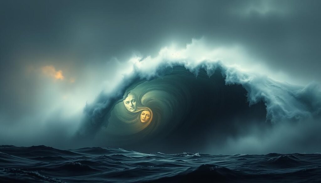 A dreamlike seascape where the subconscious converges. In the foreground, a massive, ethereal wave crests and curls, its translucent surface revealing a swirling, abstract inner realm. Amidst the wave, disjointed shapes and faces emerge, hinting at the hidden depths of the mind. The background is bathed in a moody, atmospheric lighting, with hints of color peeking through the mist, creating a sense of mystery and introspection. The scene is captured with a wide-angle lens, emphasizing the immense, looming presence of the wave and the vastness of the inner landscape it represents. This image evokes the powerful, yet enigmatic nature of tsunami dreams, inviting the viewer to explore the hidden meanings and undercurrents of the subconscious.