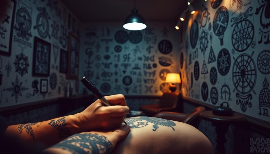 A dreamlike tattoo parlor, its walls adorned with intricate body art designs. In the foreground, an artist's hands meticulously inking a design onto a subject's skin, capturing the essence of a powerful dream symbol. The middle ground features a collection of esoteric symbols, runes, and arcane motifs, each imbued with psychological significance. In the background, a dimly lit room with moody lighting, creating an atmosphere of introspection and self-discovery. The overall scene evokes a sense of the subconscious, the exploration of the mind, and the deeply personal nature of tattoo symbolism.