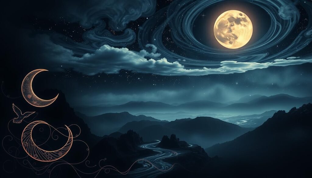 A dreamy, surreal tattoo canvas depicting a mystic landscape. In the foreground, intricate tattoo symbols - a crescent moon, a soaring bird, a flowing river - emerge from a shadowy realm, their lines shimmering with an ethereal glow. The middle ground features an expansive, starry night sky, with swirling clouds and a full moon casting a soft, otherworldly light. In the background, a hazy mountain range fades into the distance, its peaks capped with a dusting of snow. The overall atmosphere is one of tranquility, imagination, and the interconnectedness of the physical and spiritual realms.
