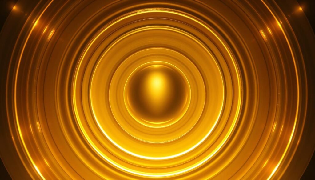 A harmonious mandala of concentric golden circles, radiating outward from a central glowing orb. The innermost ring is a smooth, unbroken torus, symbolizing wholeness and unity. Surrounding it, a series of evenly spaced, overlapping rings create a dynamic, ever-expanding pattern. Warm, diffused lighting casts a soft, ethereal glow across the composition, evoking a sense of balance and tranquility. The entire scene is captured from a slightly elevated, bird's-eye perspective, emphasizing the mandala's symmetrical design and creating a meditative, contemplative atmosphere.
