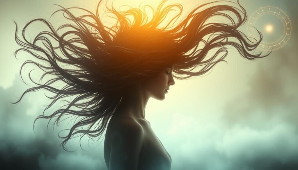 A mystical, dreamlike scene depicting the spiritual symbolism of hair transformation. In the foreground, a serene, ethereal figure with flowing, ethereal locks undergoes a metamorphosis, their hair shifting and reshaping in mesmerizing, abstract patterns. The middle ground is shrouded in a hazy, ambient light, evoking a sense of the transcendent. In the background, hints of a surreal, otherworldly landscape emerge, with swirling, celestial elements that echo the transformative energies. The overall mood is one of introspection, mysticism, and the profound personal revelations that can arise from the symbolic cutting or changing of one's hair.