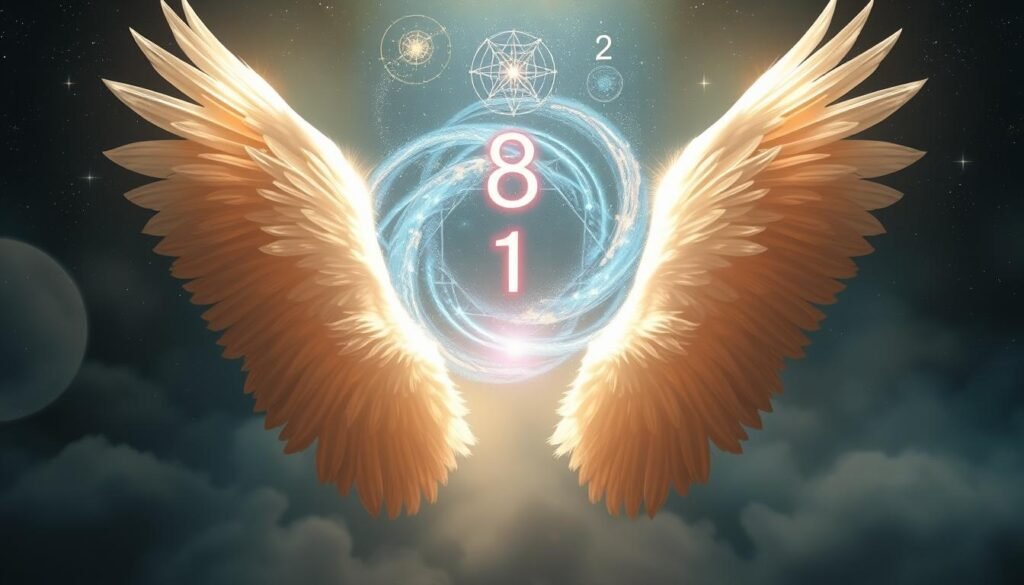 A mystical, ethereal composition depicting the hidden meanings of angel number 8181. In the foreground, a pair of angelic wings unfurl, their feathers shimmering with an otherworldly glow. The middle ground features a swirling vortex of light, energy, and symbolic shapes - the number 8 infinitely looping, the number 1 duplicated, and other esoteric geometric patterns. In the distant background, a celestial landscape of stars, nebulae, and celestial bodies sets the scene for this visually captivating depiction of the deeper significance behind this powerful angelic number. Lighting is soft, hazy, and atmospheric, creating a sense of mystery and transcendence. The overall mood is one of spiritual enlightenment and divine revelation. A mystical, ethereal composition depicting the hidden meanings of angel number 8181. In the foreground, a pair of angelic wings unfurl, their feathers shimmering with an otherworldly glow. The middle ground features a swirling vortex of light, energy, and symbolic shapes - the number 8 infinitely looping, the number 1 duplicated, and other esoteric geometric patterns. In the distant background, a celestial landscape of stars, nebulae, and celestial bodies sets the scene for this visually captivating depiction of the deeper significance behind this powerful angelic number. Lighting is soft, hazy, and atmospheric, creating a sense of mystery and transcendence. The overall mood is one of spiritual enlightenment and divine revelation.