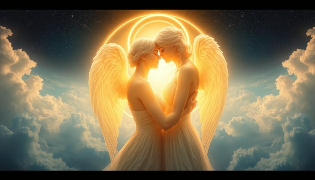 A pair of ethereal, angelic figures intertwined in a divine embrace, their energies merging in a luminous swirl of light and energy. The subjects are set against a serene, celestial backdrop of glowing clouds and starry skies, with a subtle halo of radiance surrounding them. The lighting is soft and diffused, creating an atmosphere of reverence and spiritual connection. The figures' features are not overly defined, allowing their energy and bond to take center stage. The overall composition conveys a sense of transcendent harmony, a meeting of kindred souls in a realm beyond the physical. A pair of ethereal, angelic figures intertwined in a divine embrace, their energies merging in a luminous swirl of light and energy. The subjects are set against a serene, celestial backdrop of glowing clouds and starry skies, with a subtle halo of radiance surrounding them. The lighting is soft and diffused, creating an atmosphere of reverence and spiritual connection. The figures' features are not overly defined, allowing their energy and bond to take center stage. The overall composition conveys a sense of transcendent harmony, a meeting of kindred souls in a realm beyond the physical.
