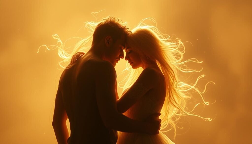 A pair of ethereal, luminous figures embrace, their auras intertwining in a sacred, transcendent moment. Soft, celestial light bathes the scene, creating an atmosphere of profound spiritual connection. The figures' faces are obscured, emphasizing the deep, intuitive bond between them. Wispy, ethereal tendrils of energy flow and swirl around the couple, visualizing the metaphysical union of twin flames. The background is a hazy, dreamlike expanse, suggesting a realm beyond the physical. Delicate, shimmering particles float through the air, adding to the sense of mysticism and the divine. Warm, muted tones infuse the image with a sense of intimacy and reverence.