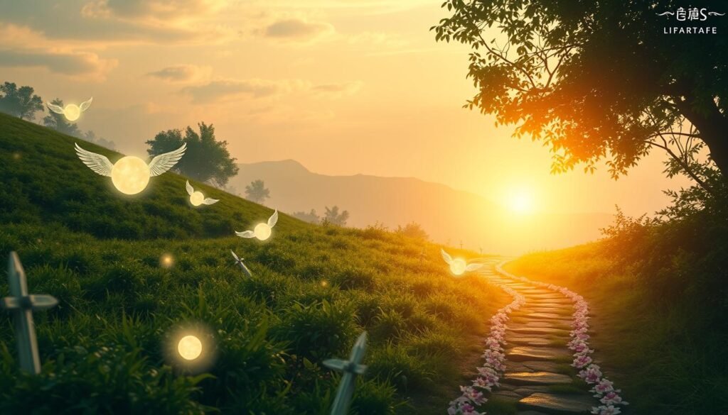A serene and ethereal scene of a spiritual path winding through a lush, verdant landscape. In the foreground, glowing orbs of light - angelic messengers - float gently, their radiance illuminating the way. The mid-ground features a meandering path, lined with symbolic iconography such as celestial symbols, feathers, and gemstones, leading the viewer deeper into the tranquil setting. In the background, a soft, hazy sky with wispy clouds sets a calming, introspective mood. The lighting is warm and diffuse, lending an other-worldly, dreamlike quality to the scene. The composition draws the eye inward, inviting the viewer to embark on a contemplative, transformative journey. A serene and ethereal scene of a spiritual path winding through a lush, verdant landscape. In the foreground, glowing orbs of light - angelic messengers - float gently, their radiance illuminating the way. The mid-ground features a meandering path, lined with symbolic iconography such as celestial symbols, feathers, and gemstones, leading the viewer deeper into the tranquil setting. In the background, a soft, hazy sky with wispy clouds sets a calming, introspective mood. The lighting is warm and diffuse, lending an other-worldly, dreamlike quality to the scene. The composition draws the eye inward, inviting the viewer to embark on a contemplative, transformative journey.