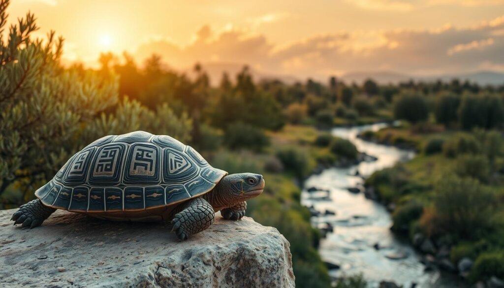 A serene biblical scene depicting the symbolic significance of a turtle in ancient Hebrew interpretation. In the foreground, a majestic turtle rests on a weathered stone, its shell adorned with intricate patterns resembling ancient Hebrew glyphs. The middle ground features a lush, verdant landscape with olive trees and gently flowing streams, evoking a sense of timelessness. In the background, a warm, golden light filters through wispy clouds, casting a soft, contemplative glow over the entire scene. The composition conveys a profound sense of wisdom, patience, and the interconnectedness of all creation, as reflected in the symbolic interpretations of the turtle in biblical and ancient Hebrew traditions.