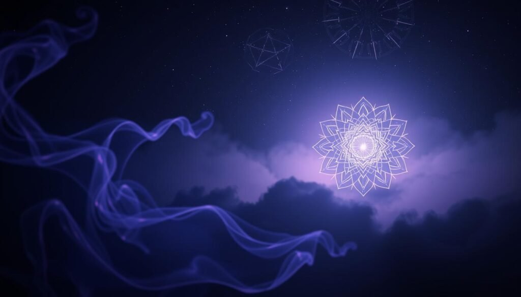 A serene, dimly lit dreamscape where recurring patterns of spiritual significance emerge. In the foreground, swirling, ethereal shapes in shades of purple and blue dance across the canvas, hinting at the subconscious realm. The middle ground reveals a mystical mandala, its intricate design pulsating with an otherworldly energy. In the background, a hazy, starry sky sets the stage for this visionary encounter, casting a hushed, contemplative mood. Soft, diffused lighting creates an atmosphere of reverence, inviting the viewer to meditate on the deeper meaning behind these recurring patterns and their spiritual resonance.