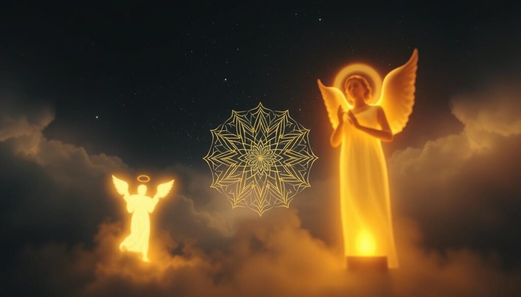 A serene, dimly lit scene of spiritual awakening symbolism. In the foreground, a glowing, ethereal figure representing an angel or spiritual guide, radiating an aura of divine energy. In the middle ground, a mandala or sacred geometric pattern, illuminated from within, symbolizing the interconnectedness of all things. In the background, a starry night sky, with swirling cosmic clouds and celestial bodies, conveying a sense of the vast, mystical universe. The lighting is soft and atmospheric, creating a contemplative, otherworldly mood. The composition is balanced and harmonious, inviting the viewer to meditate on the deeper meanings of this spiritual imagery. A serene, dimly lit scene of spiritual awakening symbolism. In the foreground, a glowing, ethereal figure representing an angel or spiritual guide, radiating an aura of divine energy. In the middle ground, a mandala or sacred geometric pattern, illuminated from within, symbolizing the interconnectedness of all things. In the background, a starry night sky, with swirling cosmic clouds and celestial bodies, conveying a sense of the vast, mystical universe. The lighting is soft and atmospheric, creating a contemplative, otherworldly mood. The composition is balanced and harmonious, inviting the viewer to meditate on the deeper meanings of this spiritual imagery.