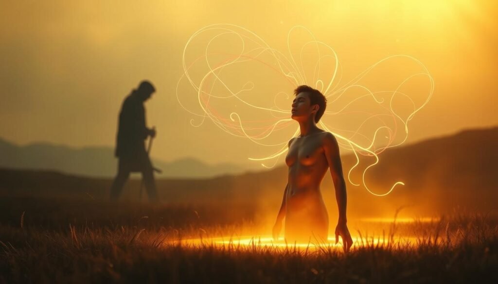 A serene, dreamlike landscape bathed in a warm, ethereal glow. In the foreground, a figure representing the spiritual self emerges from a pool of light, their eyes closed in contemplation. Surrounding them, wispy tendrils of energy swirl and converge, symbolizing the subconscious and the hidden meanings within dreams. In the middle ground, a shadowy silhouette of a kidnapper lurks, a manifestation of the darker forces that infiltrate our psyche. The background fades into a hazy, indistinct realm, suggesting the blurred boundaries between the physical and spiritual realms. Soft, diffused lighting creates a sense of otherworldliness, while the composition draws the viewer's attention to the central figure, the embodiment of the spiritual significance of the dream.