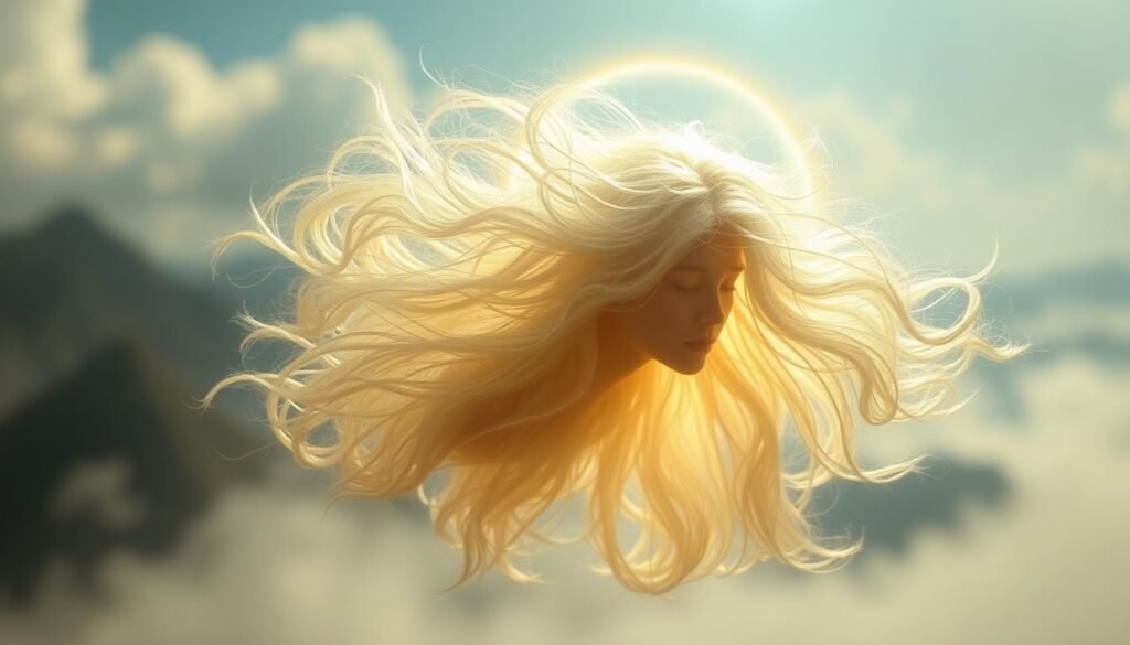 A serene, dreamlike landscape with a floating figure surrounded by a halo of shimmering, ethereal hair. The figure's face is hidden, conveying a sense of mystery and spiritual significance. The hair cascades in soft, flowing waves, illuminated by a warm, diffused light that emanates from the figure itself. The background is a blurred, impressionistic scene, with hints of natural elements like mountains or clouds, creating a sense of tranquility and connection to the divine. The overall atmosphere is one of contemplation, introspection, and the exploration of the subconscious.