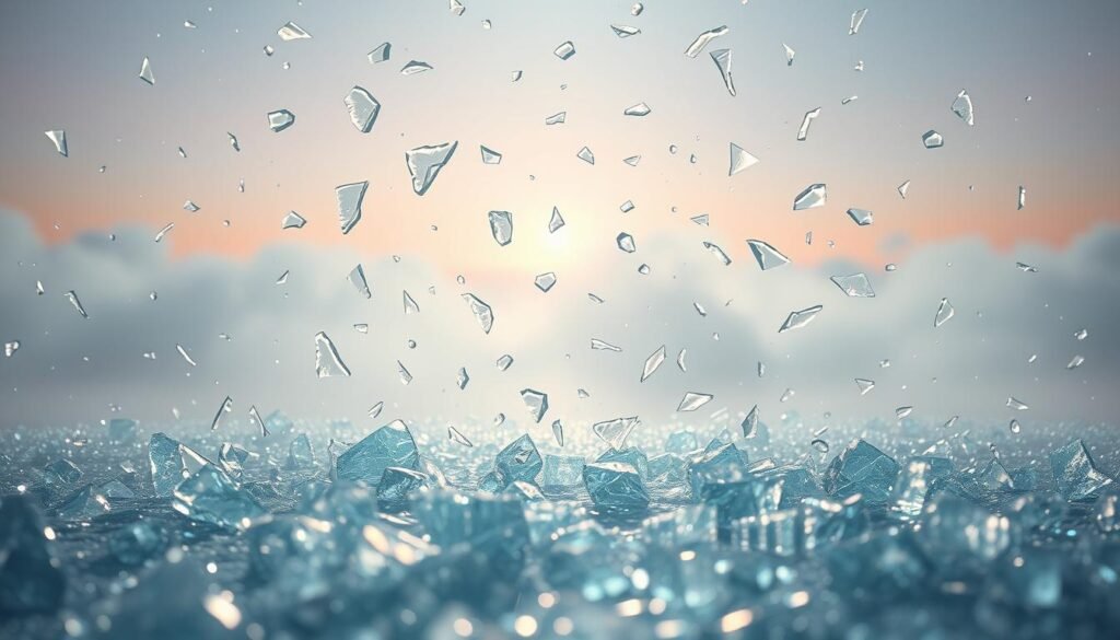 A serene, dreamlike scene of shattered glass fragments floating in an ethereal, spiritual space. The glass shards glimmer and refract light, casting a mesmerizing array of prismatic colors and patterns. In the background, a hazy, mist-like veil obscures the horizon, creating a sense of mystery and introspection. The lighting is soft and diffused, evoking a calming, meditative atmosphere. The camera angle is slightly elevated, providing a sense of detachment and contemplation. Overall, the image conveys the idea of broken dreams and their deeper, symbolic meaning in the realm of the spirit. A serene, dreamlike scene of shattered glass fragments floating in an ethereal, spiritual space. The glass shards glimmer and refract light, casting a mesmerizing array of prismatic colors and patterns. In the background, a hazy, mist-like veil obscures the horizon, creating a sense of mystery and introspection. The lighting is soft and diffused, evoking a calming, meditative atmosphere. The camera angle is slightly elevated, providing a sense of detachment and contemplation. Overall, the image conveys the idea of broken dreams and their deeper, symbolic meaning in the realm of the spirit.