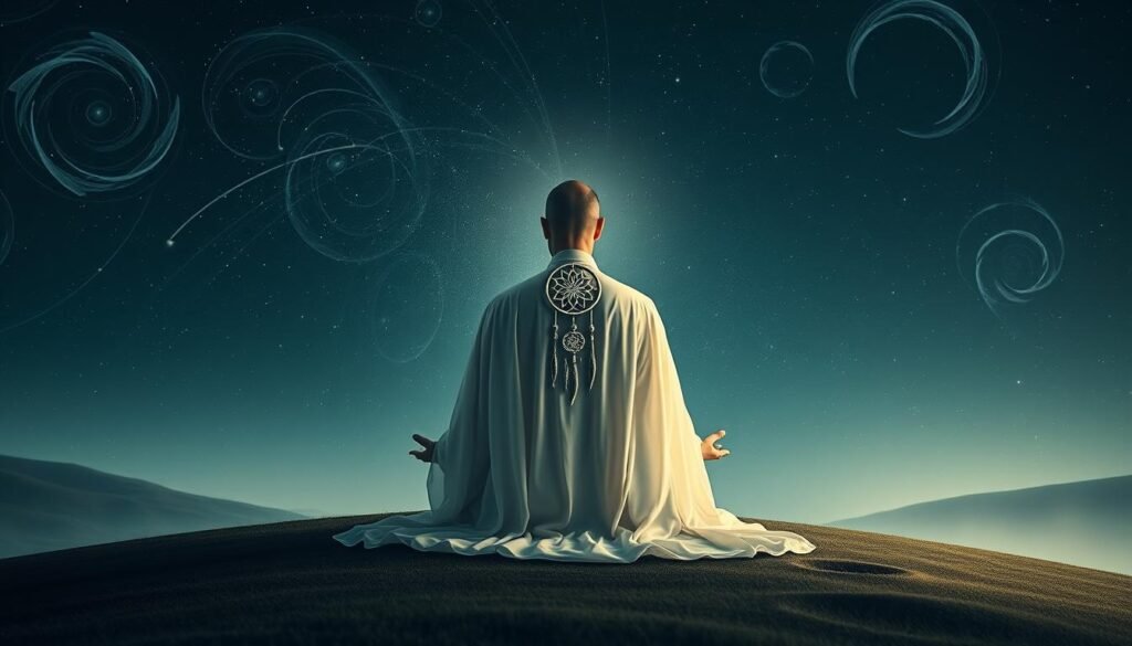 A serene, ethereal landscape with a central figure representing the spiritual significance of dream-inspired tattoo art. The figure, draped in flowing, translucent robes, sits in a meditative pose, their eyes closed, and a dreamcatcher-like motif emanating from their back, symbolizing the connection between dreams and the divine. In the background, a starry night sky with swirling, abstract patterns that evoke the subconscious and the mystical. The lighting is soft and diffused, creating an atmosphere of tranquility and introspection. The composition is balanced, with the figure occupying the focal point, surrounded by the dreamlike elements that convey the profound, spiritual nature of dream-inspired tattoos.